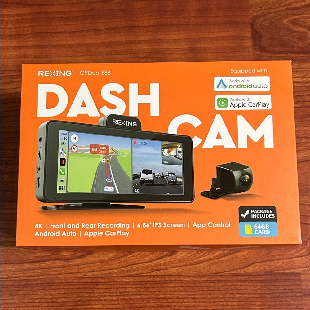 Rexing CPDuo-686 Wireless AppleCarPlay & Android Auto Display with 4K Dash Cam